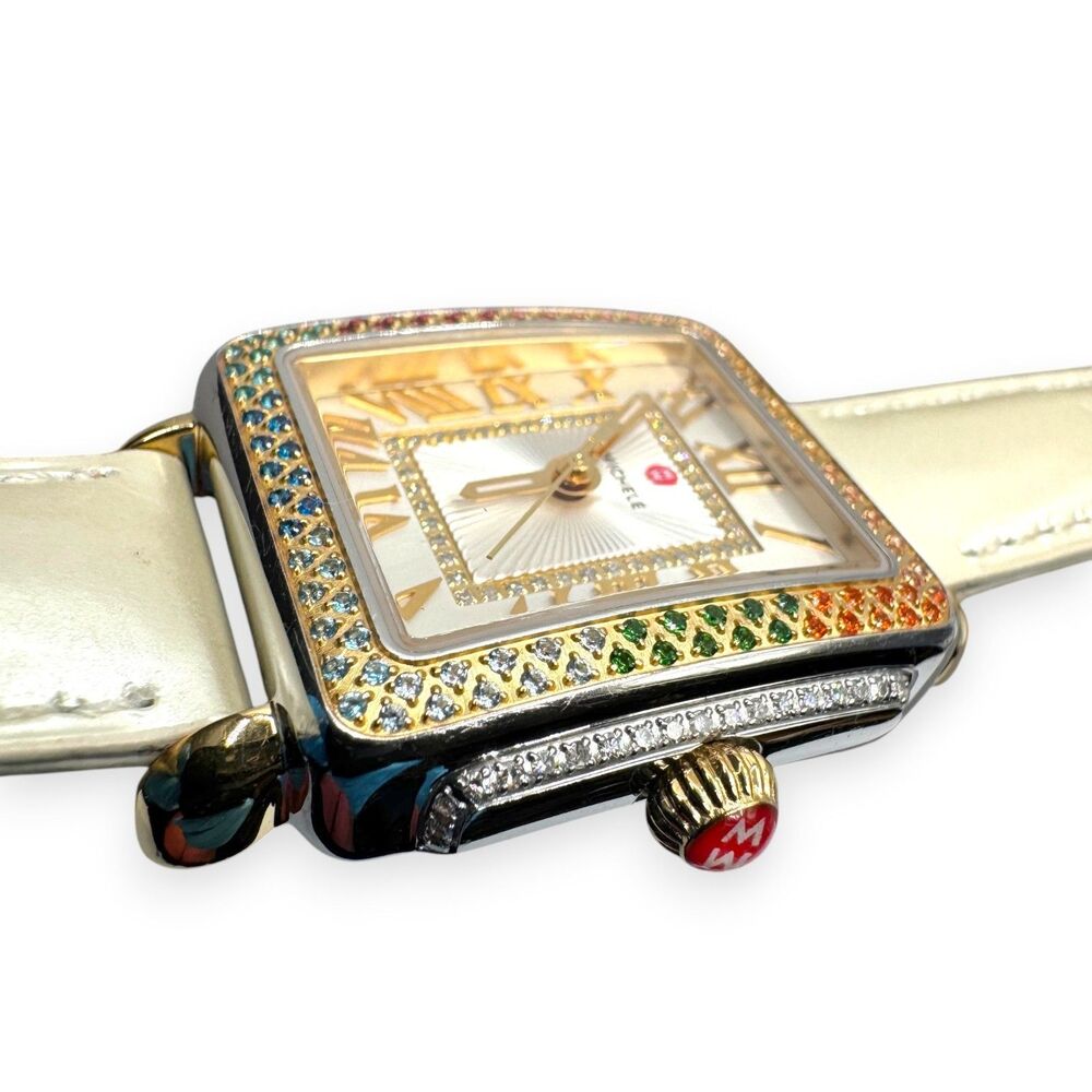 Rare MICHELE Deco Madison Mid Carousel Two-Tone Rainbow Topaz Diamond Watch - Picture 6 of 15